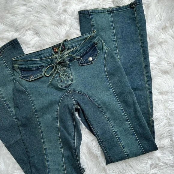 ⛅️[ Dolls Kill ] X Delia’s Hillside Sweetheart Flare Denim Jeans Lace-Up Waist - Picture 13 of 17